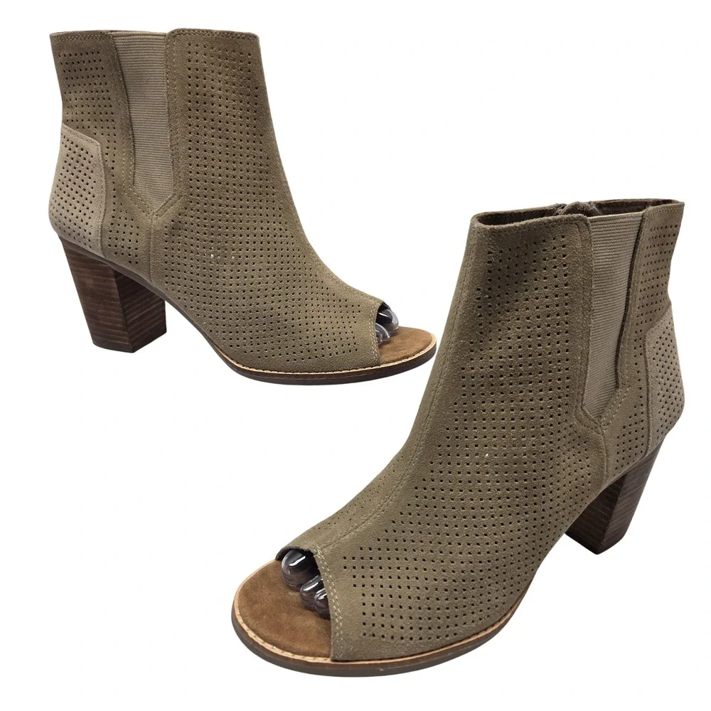 Toms Majorca Peep Toe Booties 11 Taupe Perforated Suede Block Heel Ankle Boots